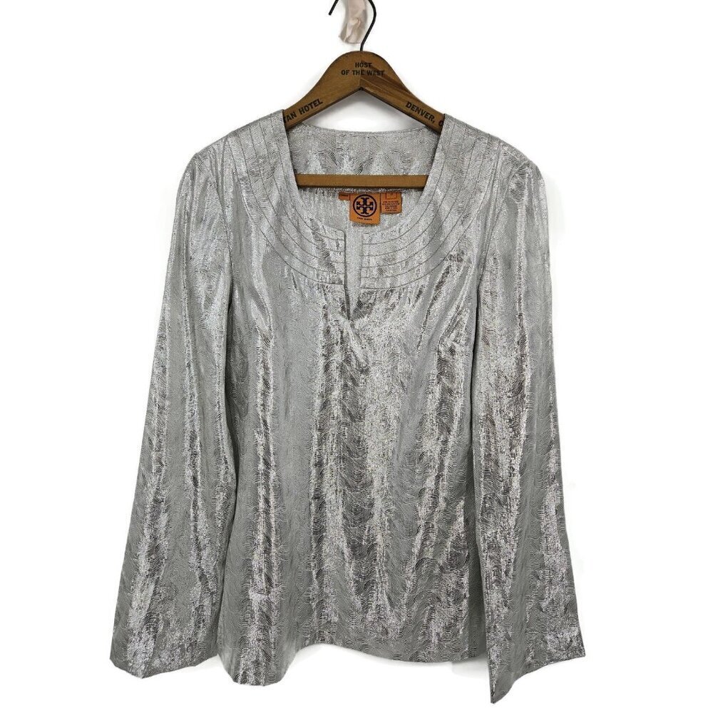 Tory Burch Silver Silk Top Womens 10 Long Sleeve Metallic Blouse Pullover